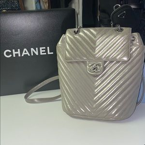 Chanel Chevron Silver Backpack